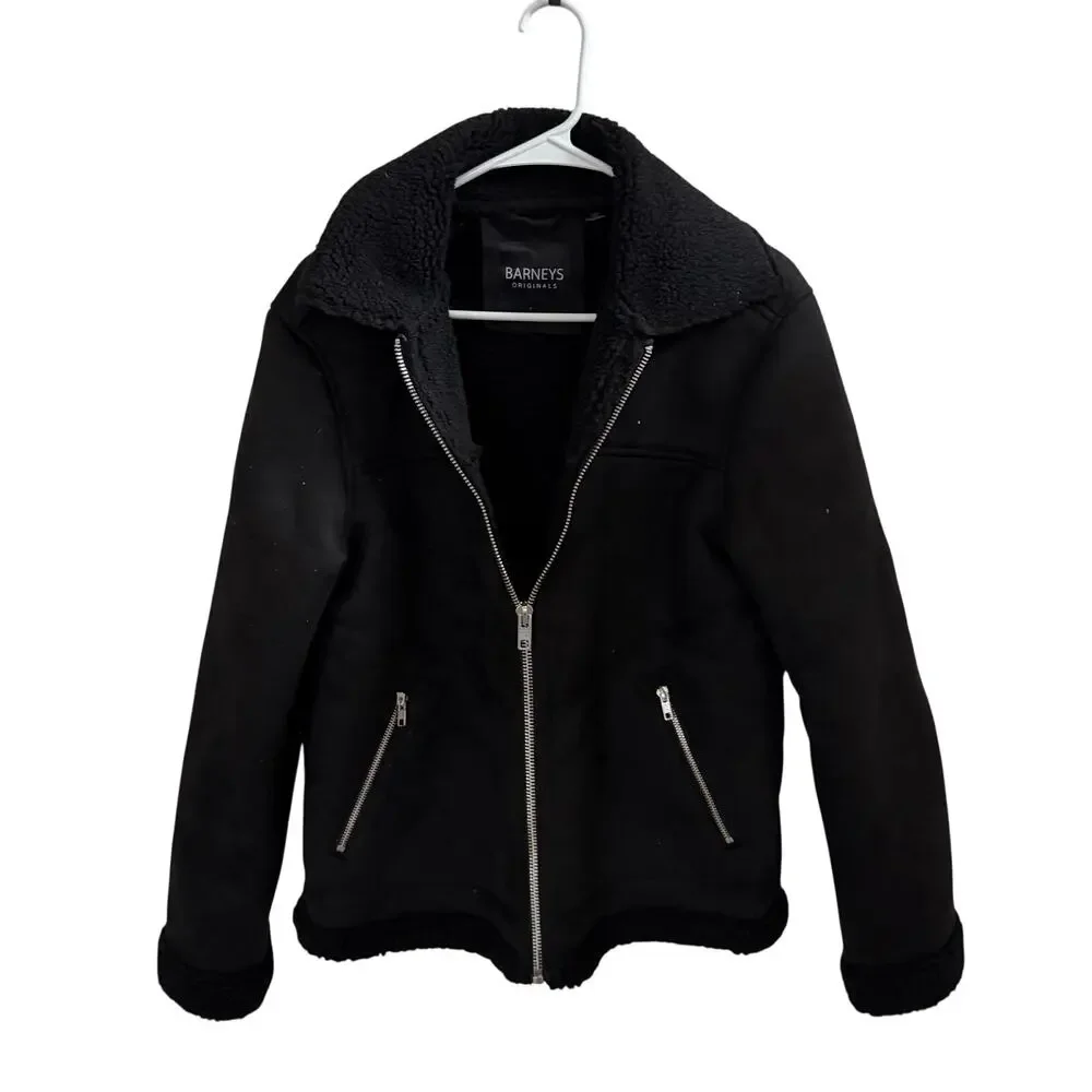 Barneys Original blk faux suede borg Lined Aviator Jacket sherpa-lined bkr sz S - Picture 4 of 13